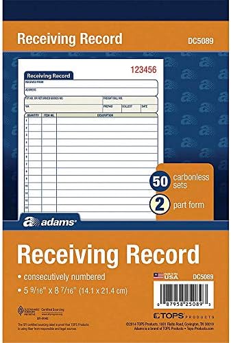 Adams Receiving Record Book, 2-Part, Carbonless, 5-9/16 x 8-7/16 Inches, 50 Sets per Book (DC5089) , White