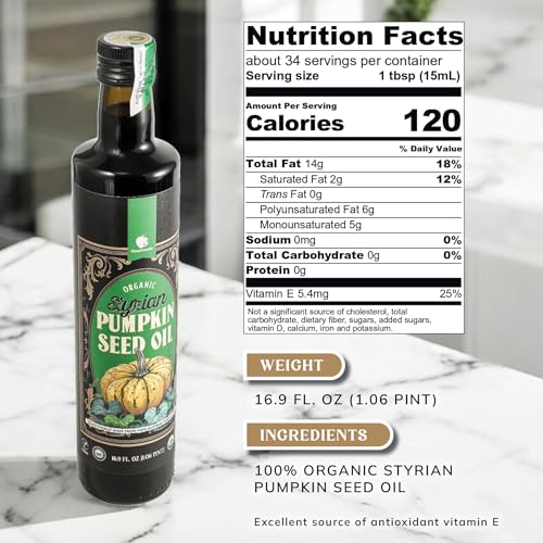 Gourmanity Organic Cold Pressed Styrian Pumpkin Seed Oil 16.9 oz, Traditionally Made in Austria, 100% Pure Healthy and Delicious Oil, Non-GMO, Vegan and Keto Friendly Dietary Supplement