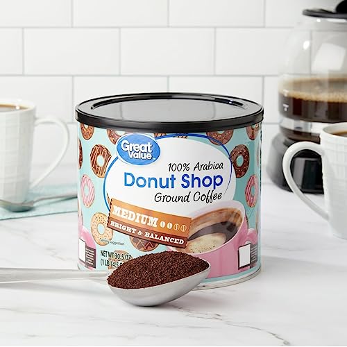 Great Value Donut Shop, 100% Arebica Medium roast Ground Coffee, 30.5 Oz, Medium roast with bright and balanced flavor, Ready to Brew