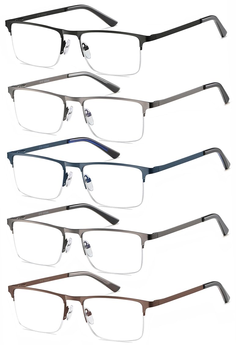 EYECEDAR 5 Pack Quality Reading Glasses Men Metal Half Frame Spring Hinges Blue Light Blocking Computer Eyeglasses Readers for Men 2.0