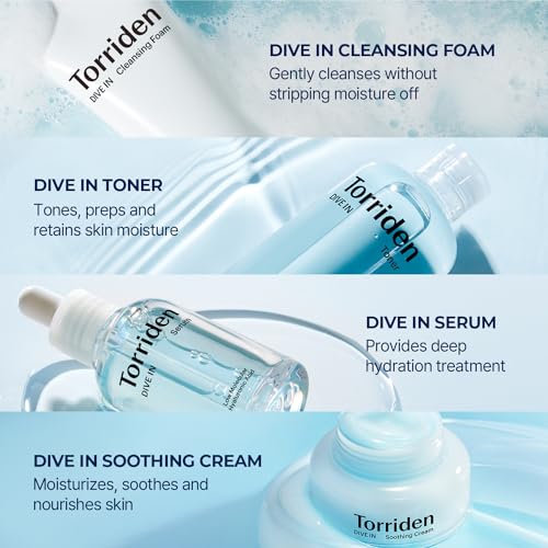 Torriden DIVE IN Trial Kit | Hyaluronic Acid Infused Daily Skincare Kit - 4 Step Regimen with Foam Cleanser, Facial Toner, Serum, and Cream | Korean Skin Care Set