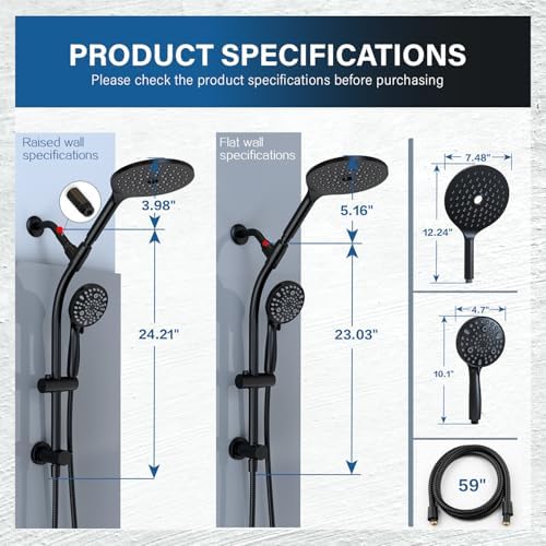 7.5" Rotatable Dual Shower Head with Handheld Combo, Kids Friendly Low 3-Way Diverter, Adjustable Slide Bar for Whole Family Use, Enjoy High Pressure Rainfall Spa Shower, Matt Black