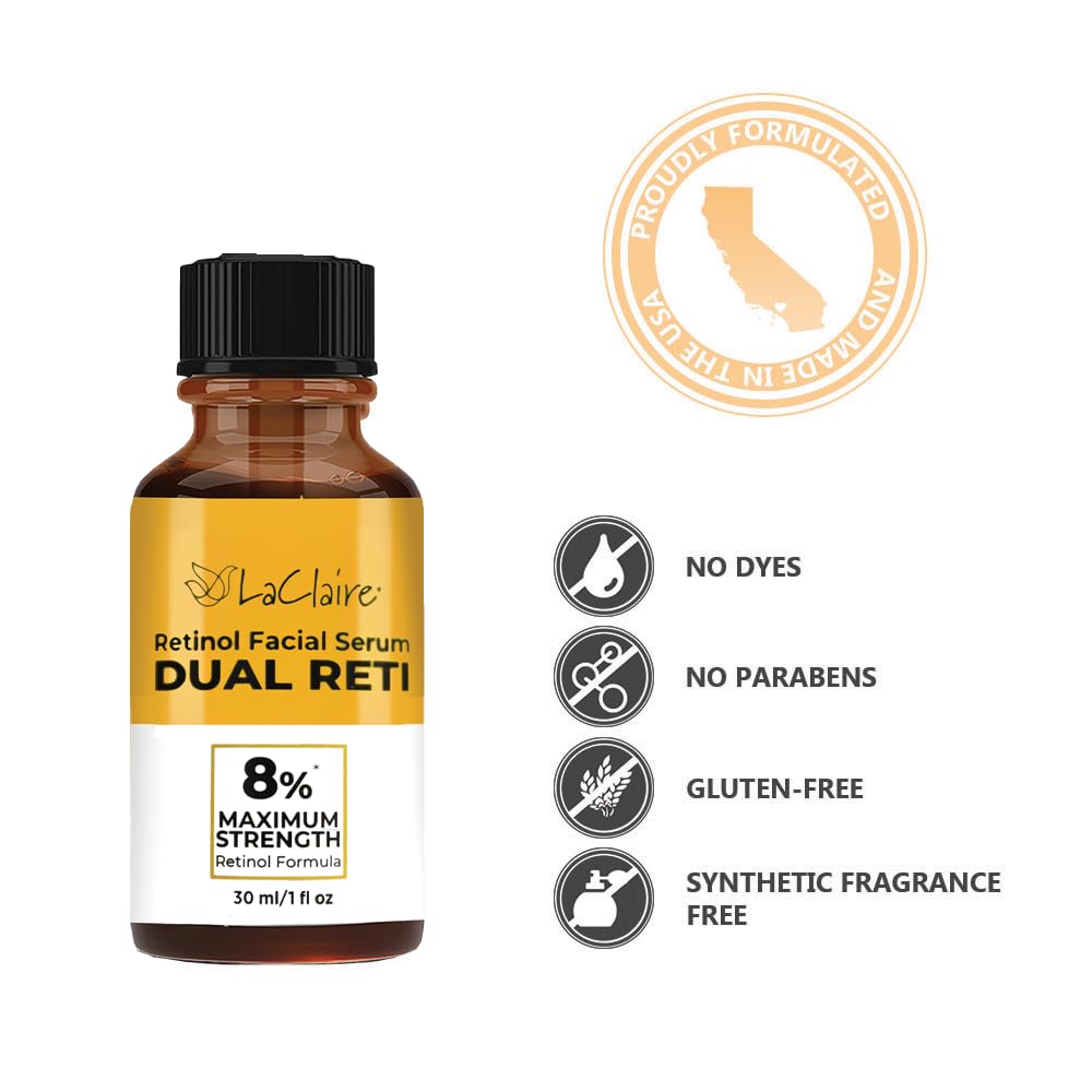 LaClaire 8% Retinol Complex Face Serum - Anti-Ageing, Brightening Neck & Face Serum Helps Firm, Smooth & Nourishes Skin with Lactic Acid, Vitamin A & Retinyl Palmitate - Anti Wrinkle Serums by