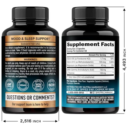 GABA L-Theanine 900 mg - Made in USA - Magnesium | Vitamin B6 - Calm, Sleep, Relaxation & Mood Support - 750 mg Gamma AminoButyric Acid, 150 mg L-Theanine - Non-Habit Forming, Vegan - 120 Capsules
