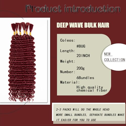 Braiding Hair for Boho Braids Hair 200g 20 Inch Curly Braiding Hair No Weft Deep Wave Bulk Hair for Braiding Wet and Wavy Boho Hair for Braiding (#bug,200g/ 6 bundles)
