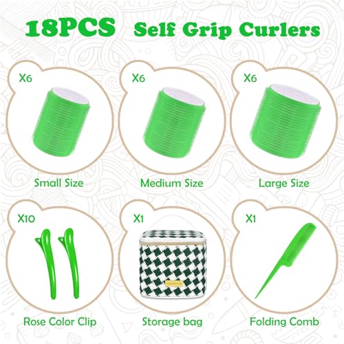 Hair Roller Set 18 pcs Heatless Self Grip Rollers With Clips and Comb, Salon Curlers for DIY Styles, 3 Green Sizes in 1 Set by Sungenol