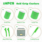 Hair Roller Set 18 pcs Heatless Self Grip Rollers With Clips and Comb, Salon Curlers for DIY Styles, 3 Green Sizes in 1 Set by Sungenol