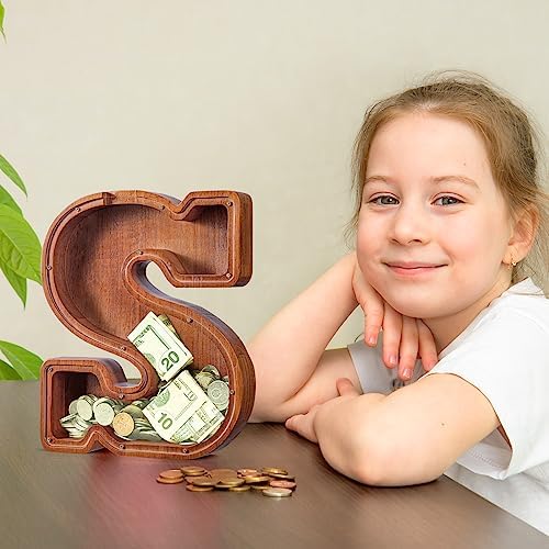 Summidate Customized Name Extra Large Wooden Piggy Bank for Kids Boys Girls Letter A-Z Coins Bills Money Change Bank Box Initial on Clear Cover (Laser Engraved) Educational Toys 12"- Letter S