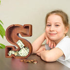 Summidate Customized Name Extra Large Wooden Piggy Bank for Kids Boys Girls Letter A-Z Coins Bills Money Change Bank Box Initial on Clear Cover (Laser Engraved) Educational Toys 12"- Letter S