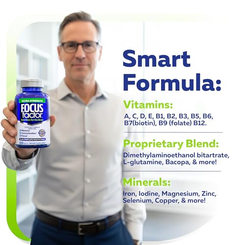 Focus Factor Adults Extra Strength, 120 Count - Brain Supplement for Memory, Concentration and Focus - Complete Multivitamin with DMAE, Vitamin D, DHA - Trusted Health Vitamins