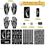 126 PCS Temporary Tattoos Stencils Kit,Henna Tattoos Kit - 6 Pcs 2 Color(Brown Black) Ink with Gloves,DIY Body Art Painting for Women Men Adults Kids