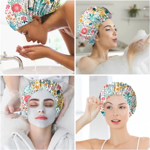 2 PCS Shower Cap Reusable Waterproof Double Layer Elastic Adjustable Hair Bath Caps Cute Aesthetic for Women Girls-Flowers