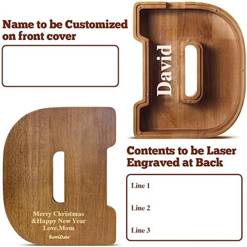 Summidate Customized Name Extra Large Wooden Piggy Bank for Kids Boys Girls Alphabets Letter A-Z Coins Bills Money Change Saving Box Clear Cover (Laser Engraved) Educational Toys 12"- Letter D