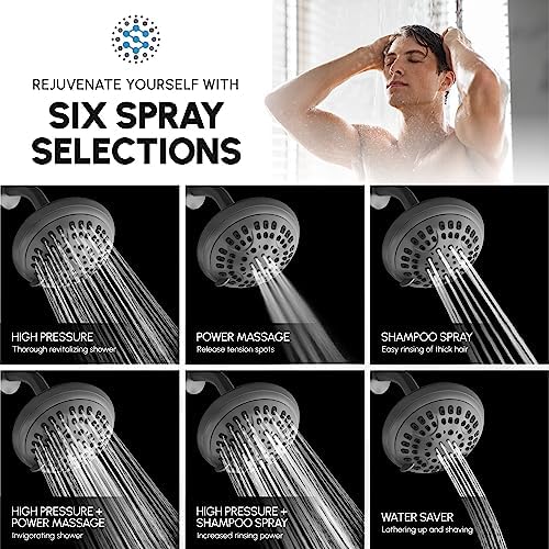 Luxury Spa Series Shower Head, 6 Spray Setting, 4.5 Inch Adjustable High Pressure Shower Head Fixture for Hard Water, 360-Degree Tilt Massage Shower System - Charcoal Gray Shower Head