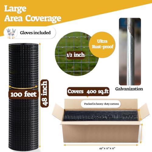 HORCH Black Hardware Cloth 1/2 inch 48x100 19-Gauge, Vinyl Coated Wire Mesh Roll, Chicken Wire Mesh, Tree Guard, Gopher Wire, Rodent Mesh, Chicken Wire Fencing, Garden Fence