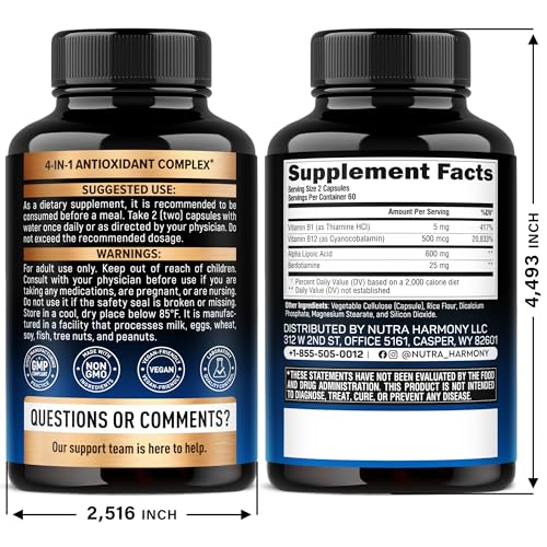 Alpha Lipoic Acid 600mg - ALA Supplement Antioxidant for Nerve, Energy & Metabolism Support - Extra Strength with Benfotiamine, B1 & B12 - Lab Tested, NON-GMO & Vegan - 120 Capsules, 2 Month Supply