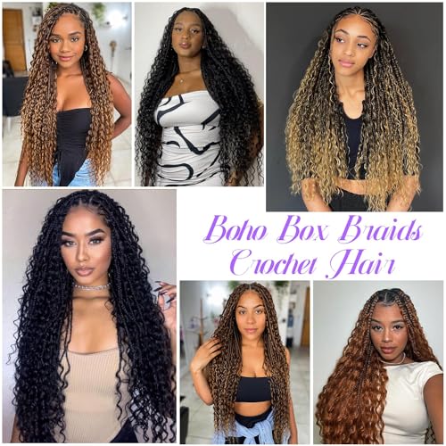 Boho Goddess Box Braids Crochet Hair for Black Women-8 Packs 24 Inch Pre Looped Crochet Braids Curly Ends (30#, 24 Inch (Pack of 8))