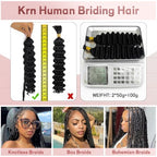 KRN Grey Braiding Hair Deep Wave Bulk Human Braiding Hair 2 Bundles/Pack 100g Curly Hair for Boho Braids 12A Salt And Pepper Braiding Human Hair No Weft Wet and Wavy Gray Braiding Hair 16Inch