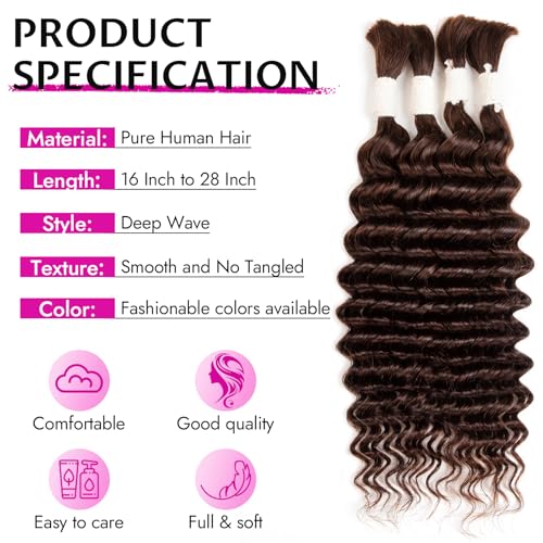 28 Inch Human Braiding Hair Deep Water Wave 2 Bundles/Pack 50g, Dark Brown Bulk Human Hair Braiding Hair for Boho Braids, Curly Wet and Wavy Braiding Boho Human Hair for Braiding No Weft