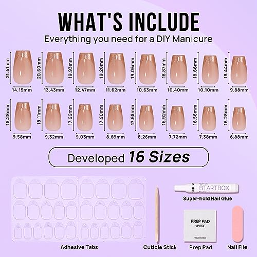 BTArtbox Press on Nails Coffin - Gold Rose French Tips Press On Nails Short for Women, Cat Eye Nail Tips, Glitter Fake Nails with Glue, Glue On Nails in 16 Sizes - 30 Nail Kit, Gold Dust