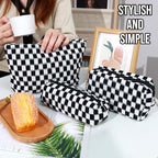 3 Pcs Makeup Bag Cosmetic Bag Set for Girls Women Checkered Travel Organizer Bathroom Toiletry Pouch Large Capacity Storage Bag (Black-White)