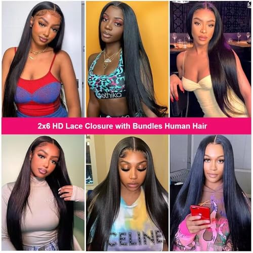 2x6 HD Lace Closure with Bundles 10 12 14+10 Inch Straight Bundles with Closure Human Hair 100% Unprocessed Brazilian Virgin Weave Bundles Human Hair 3 Bundles Deals with Closure