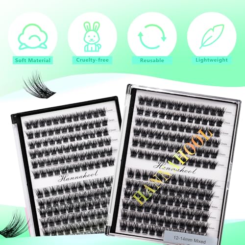 12rows-Large Tray Mixed 8-10-12-14-16mm/Mixed 14-15-16mm/Mixed14mm-16mm/Mixed 18-20mm Wide Stem Individual False Eyelashes Dramatic Black Cluster Eyelashes (Lashes Kit-12-14MM)