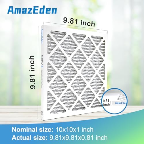 10x10x1 AC Air Filter MERV 8 (6-Pack) MPR 600 FPR 5 HVAC Furnace Pleated Filters Dust Defense Air Filters Replacement (Exact Dimensions: 9.81x9.81x0.81 Inches)