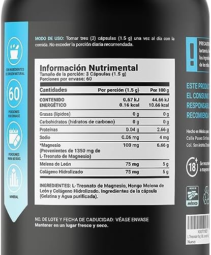 Threonate Mag 180 Cápsulas. Ingredientes Naturales: L Treonato de Magnesio, Melena de Leon y Colágeno Hidrolizado. L Threonate Mag B Life.
