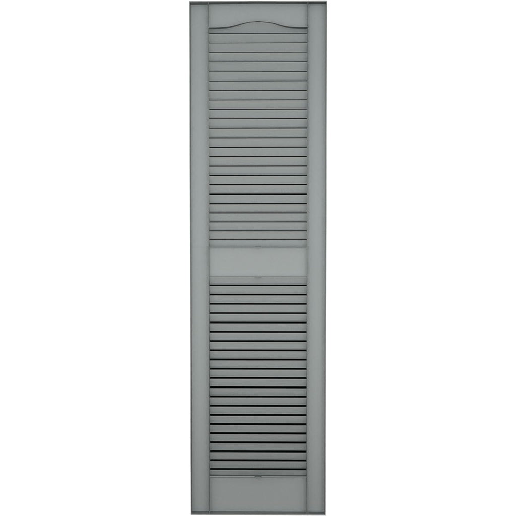 12"W x 25"H Lifetime Vinyl, Standard Cathedral Top Center Mullion, Open Louver Shutters, w/Installation Shutter-Lok's & Matching Screws (Per Pair), Platinum