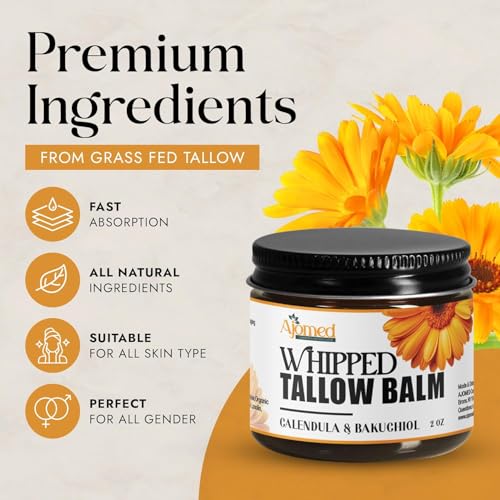 Whipped Tallow for skin Moisturizer with calendula and bakuchiol oil | tallow for skin care - handmade grass-feed Frankinsence tallow face cream- organic facial balm (Sandalwood Vanilla)