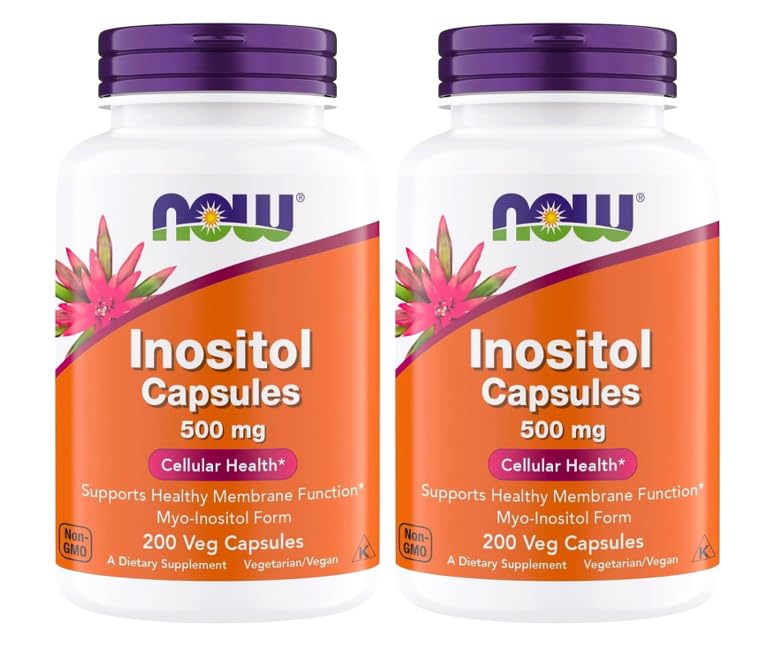 NOW Foods Inositol 500 mg, Superior Myo Inositol Form, for Healthy Membrane Function*, Cellular Health*, Support for Women* Kosher, Suitable for Vegans - 200 Vegetarian Capsules (Pack of 2)