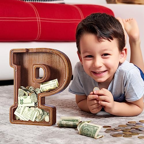 Summidate Customized Name Extra Large Wooden Piggy Bank for Kids Boys Girls Alphabets Letter A-Z Coins Bills Money Change Saving Box Clear Cover (Laser Engraved) Educational Toys 12"- Letter P