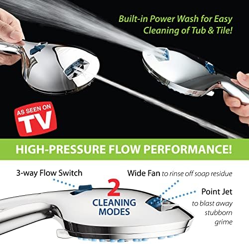 Hotel Spa AquaCare High Pressure 8-Mode Handheld Shower Head - Anti-clog Nozzles, Built-in Power Wash to Clean Tub, Extra Long 6 ft. Stainless Steel Hose, Wall & Overhead Brackets
