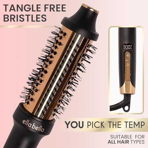 ELLA BELLA® Heated Round Thermal Blowout Brush • Negative ION Plasma Thermal Hot Hair Brush • Volumizer Styler & Curler in 1 • Fast HeatUp • Dual Voltage International Use • Swivel Cord, Auto ShutOff