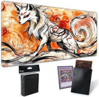 Playmats for Magic: The Gathering MTG Card Game Mat Plus 50 Pcs Card Sleeves, 24 x 14 inch TCG Mat with Stitched Edge for Commander Deck Duskmourn Board Game, Ookami Fox