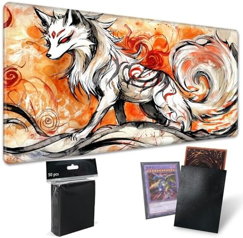 Playmats for Magic: The Gathering MTG Card Game Mat Plus 50 Pcs Card Sleeves, 24 x 14 inch TCG Mat with Stitched Edge for Commander Deck Duskmourn Board Game, Ookami Fox