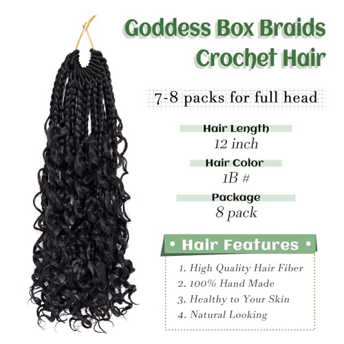Goddess Box Braids Crochet Hair 12 Inch 8 Packs Pre-looped Bohemian Crochet Boho Box Braids With Curly Ends 3X Crochet Braids for Women Synthetic Braiding Hair (12 inch, #1B)