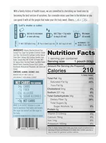 Sweet Logic Keto Mug Cake Mix - Confetti - Just Add Water - Low Sugar - Gluten-Free - High Protein - Low Carb - Dairy Free - Diabetic-Friendly Sweets - Natural Ingredients (4 Pack)