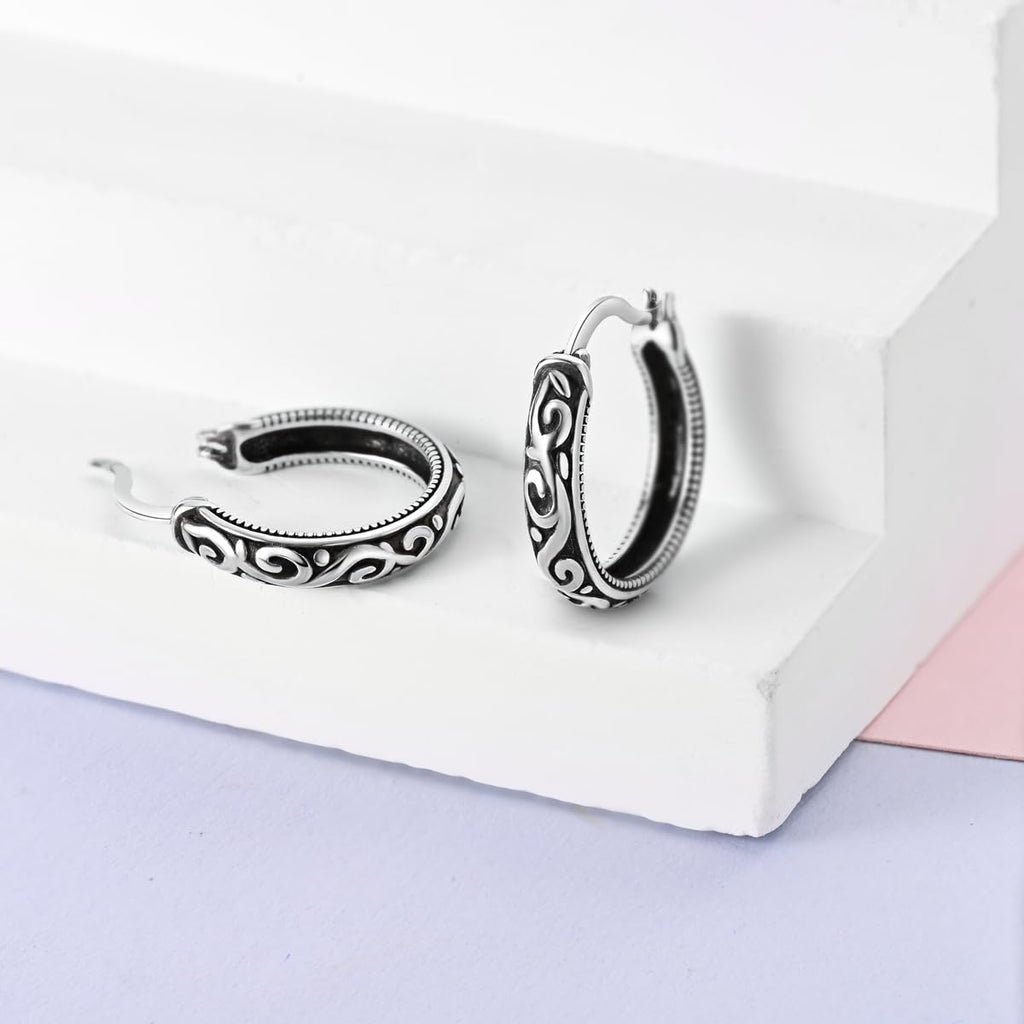 Hapour Vintage Filigree 925 Sterling Silver Oval Small Hoop Earrings for Women Fashion Flower Dainty Huggie Hoops Hypoallergenic Trendy Jewelry Birthday Gift