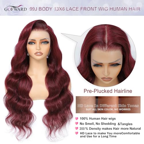 30 Inch 99j Burgundy 13x6 Body Wave Lace Front Wigs Human Hair 200% Density Glueless HD Transparent Lace Frontal Wigs Human Hair Pre Plucked With Baby Hair Burgundy Wine Red Human Hair Wigs For Women