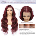 30 Inch 99j Burgundy 13x6 Body Wave Lace Front Wigs Human Hair 200% Density Glueless HD Transparent Lace Frontal Wigs Human Hair Pre Plucked With Baby Hair Burgundy Wine Red Human Hair Wigs For Women
