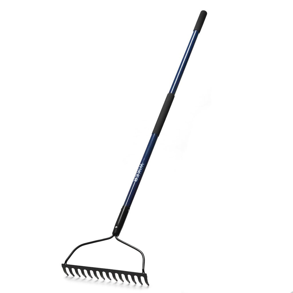 WIKER Heavy Duty Steel Garden Rake, 57 Inch Fiberglass Long Handle with 14 Tempered Tines, One-Piece Non-Slip Yard Rake for Soil, Gravel, Leaves, Gardening & Landscaping