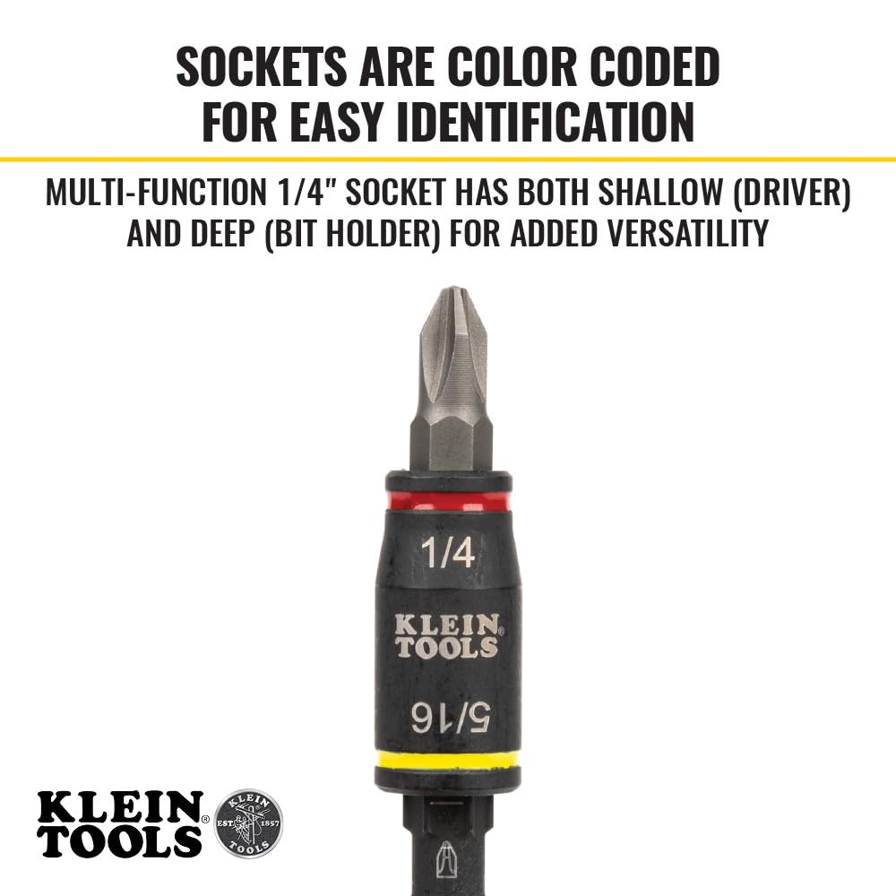 Klein Tools 32768 Impact Driver Set, 3-in-1 SAE Impact Socket and Bit Holder, Flip Socket with Nut Drivers in 1/4 and 5/16 Hex Sizes, 3 and 5-Inch Lengths, 2-Piece