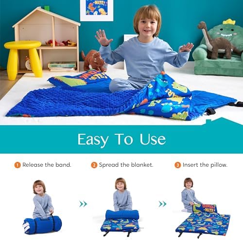 JOIEDOMI Toddler Nap Mat for Preschool 55''x30'' Sleeping Mat with Removable Pillow and Minky Blanket for Kids Ages 3-7 Roll Up Soft Kids Sleeping Bag for Boys Girls Kindergarten Daycare Sleepover