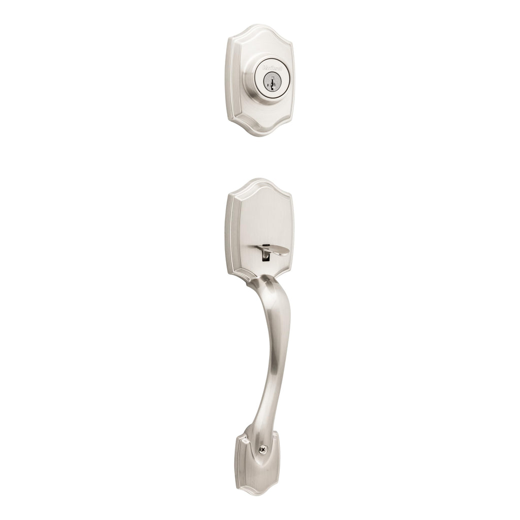 Kwikset Belleview Front Door Lock Handle and Deadbolt Set, Entry Handleset Exterior Only, Satin Nickel, Pick Resistant SmartKey Rekey Deadbolt Security, Interior Sold Separately