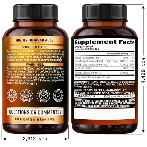 Vitamin D3 K2 - Vitamin D3 10000 iu & K2 120 mcg - Immune & Mood Support, for Bone & Teeth Health - with Zinc, Vitamin C & B12 - Highly Bioavailable - For Men & Women - Made in USA, 120 Softgels