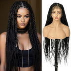 QUEENTAS 40" Lace Front Braided Wigs Box Boho Braids Wig for Black Women Faux Locs Wig with Baby Hair Natural Black Long Pre Braid Dreadlock wig