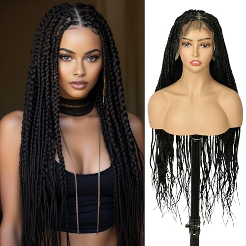 QUEENTAS 40" Lace Front Braided Wigs Box Boho Braids Wig for Black Women Faux Locs Wig with Baby Hair Natural Black Long Pre Braid Dreadlock wig