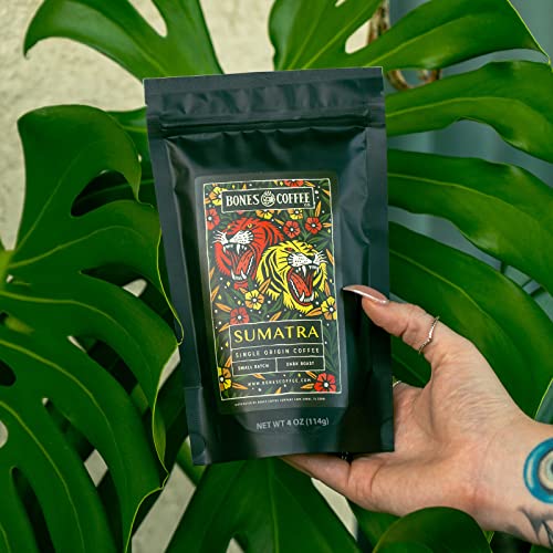 Bones Coffee Company New World Tour Gift Set Samples Pack with Coffee Mug Medium Roast Whole Bean Low Acid Flavored Coffee Beans (4 oz, Pack of 5)